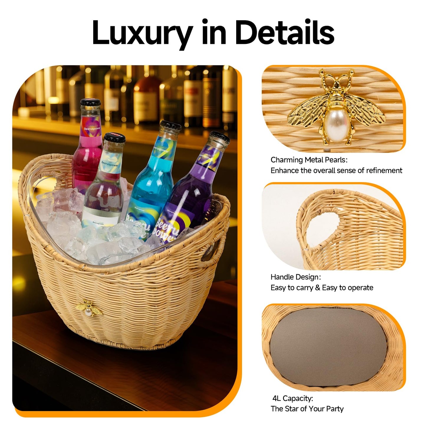 Handcrafted Rattan Ice Bucket with Acrylic Insert β 4L Leak-Proof Double Layer Design with Diatomaceous Earth Pad (Rattan)