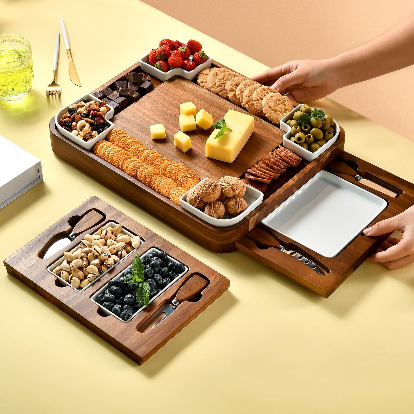 All-Natural Acacia Wood Cheese Board Set with Hidden Drawers, Ceramic Plates, Bowls & Utensils
