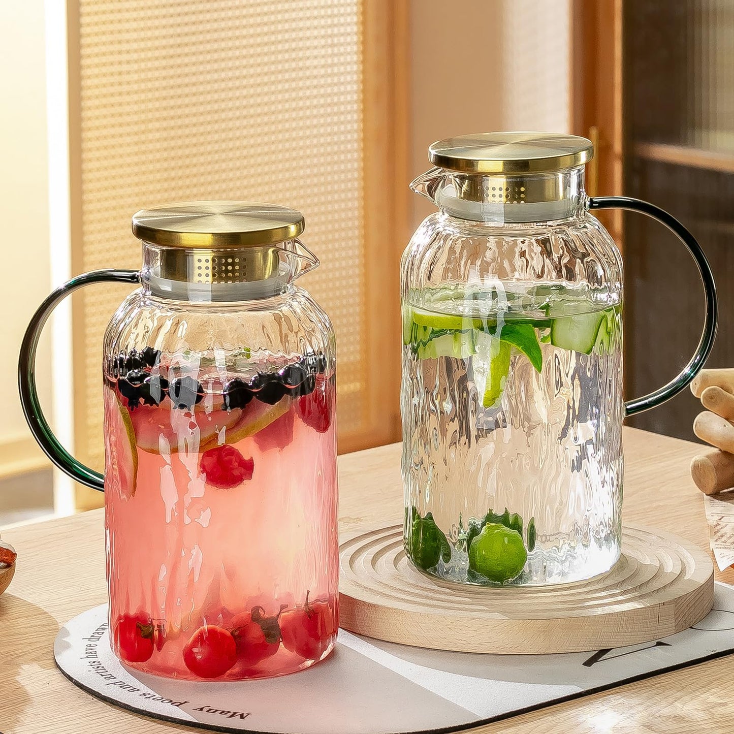 Glass Water Pitcher – 68oz Borosilicate Carafe with Stainless Steel Lid - Heat-Resistant