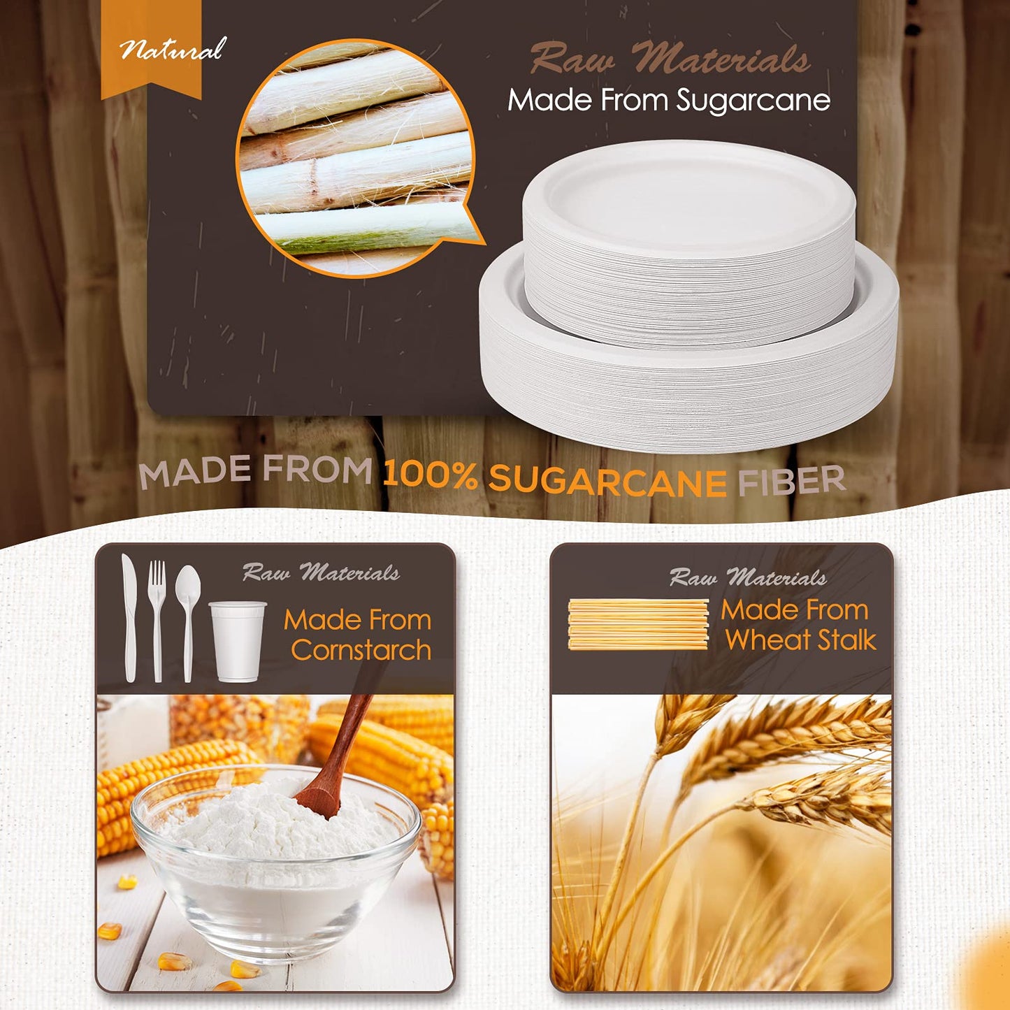 Compostable Dinnerware Set – Eco-Friendly Plates, Cutlery, Cups & More for 50 Guests -400-Pack