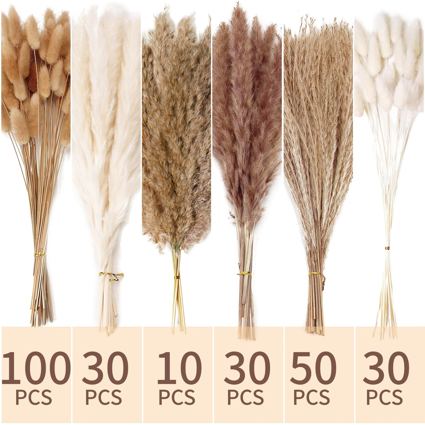 Natural Dried Pampas Grass Bouquet – Mixed Fluffy Pompous Grass for Vase, Boho Decor, Weddings, Gifts & Home Arrangements 100PCS