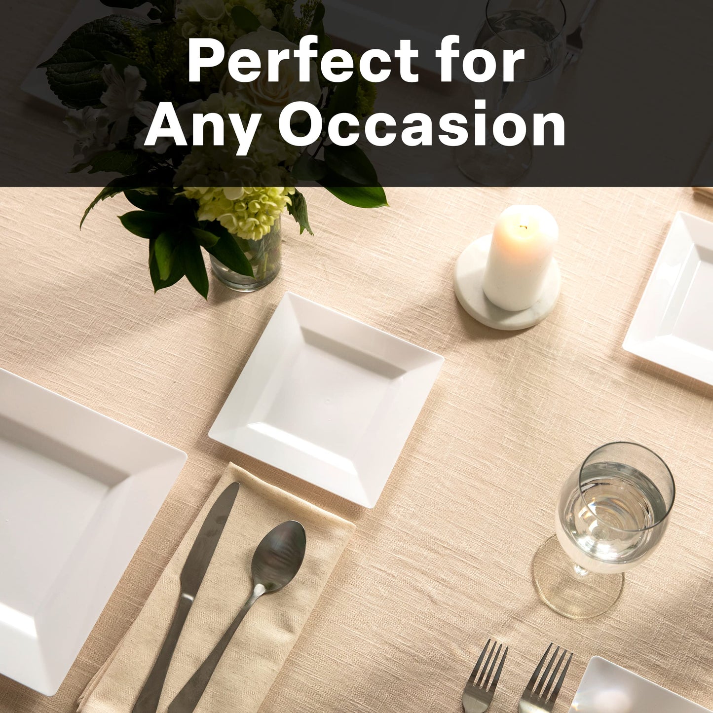 Elegant White Square Plastic Plates Set – 100-Piece Heavy Duty Disposable Dinnerware for 50 Guests (9.5” Dinner + 6.5” Appetizer Plates)