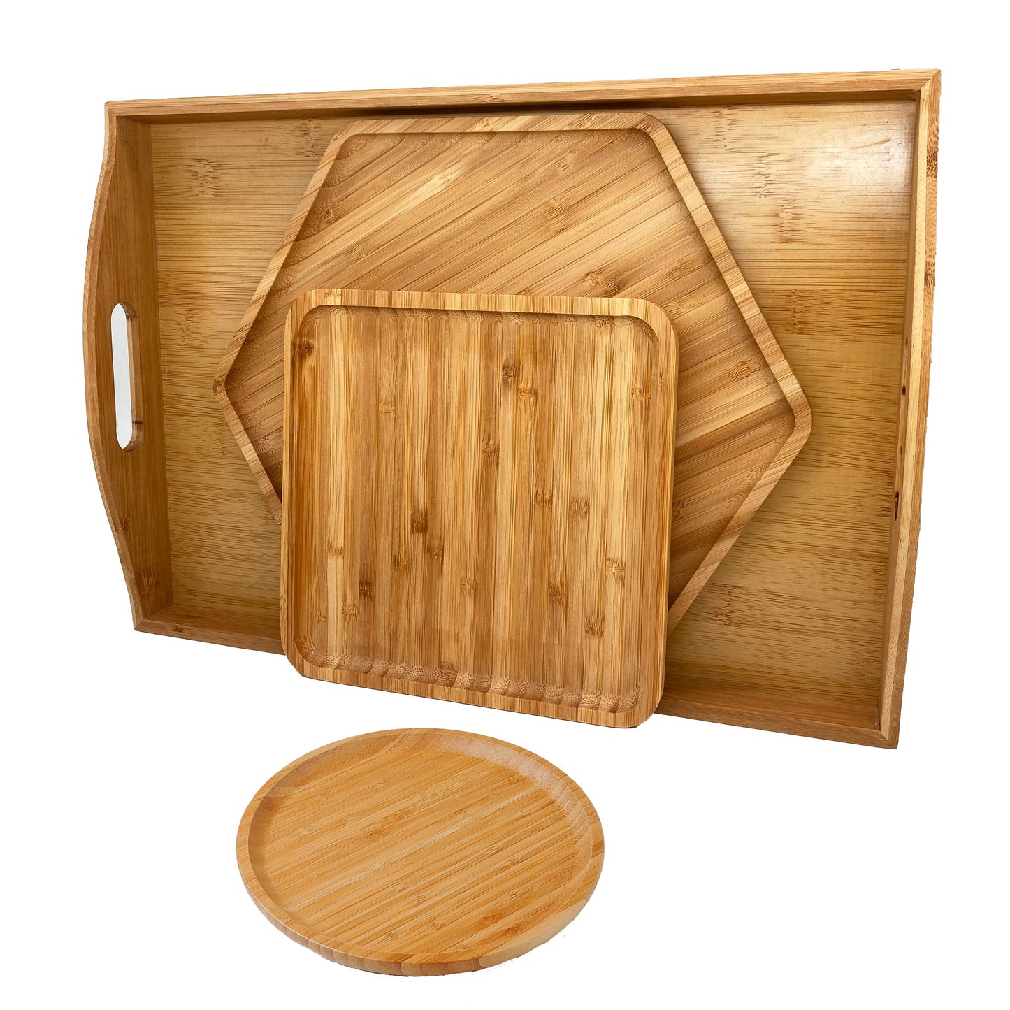 Natural Bamboo Serving Plate Set – Large Rectangle with Handle + Hexagon & Square Plates