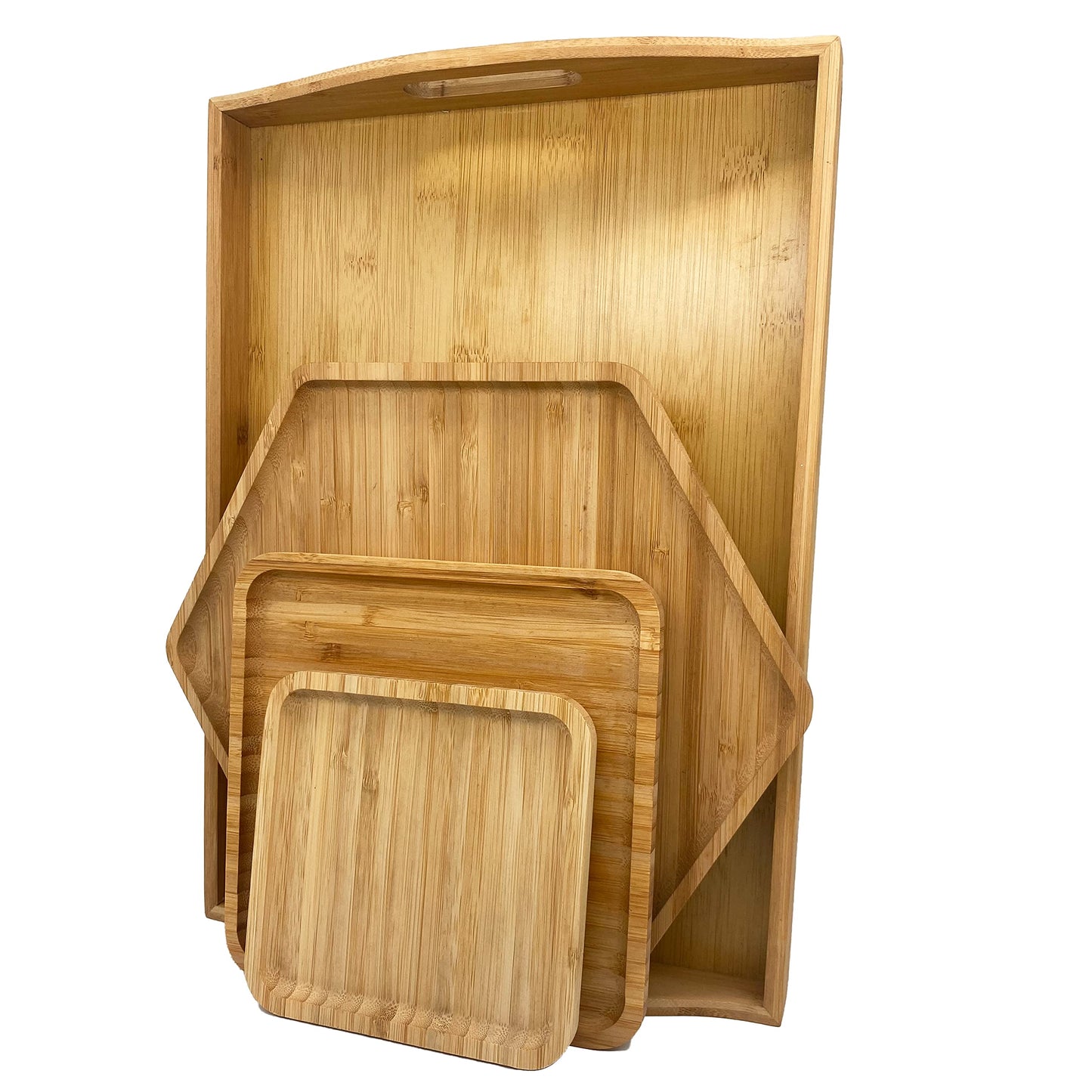 Natural Bamboo Serving Plate Set – Large Rectangle with Handle + Hexagon & Square Plates