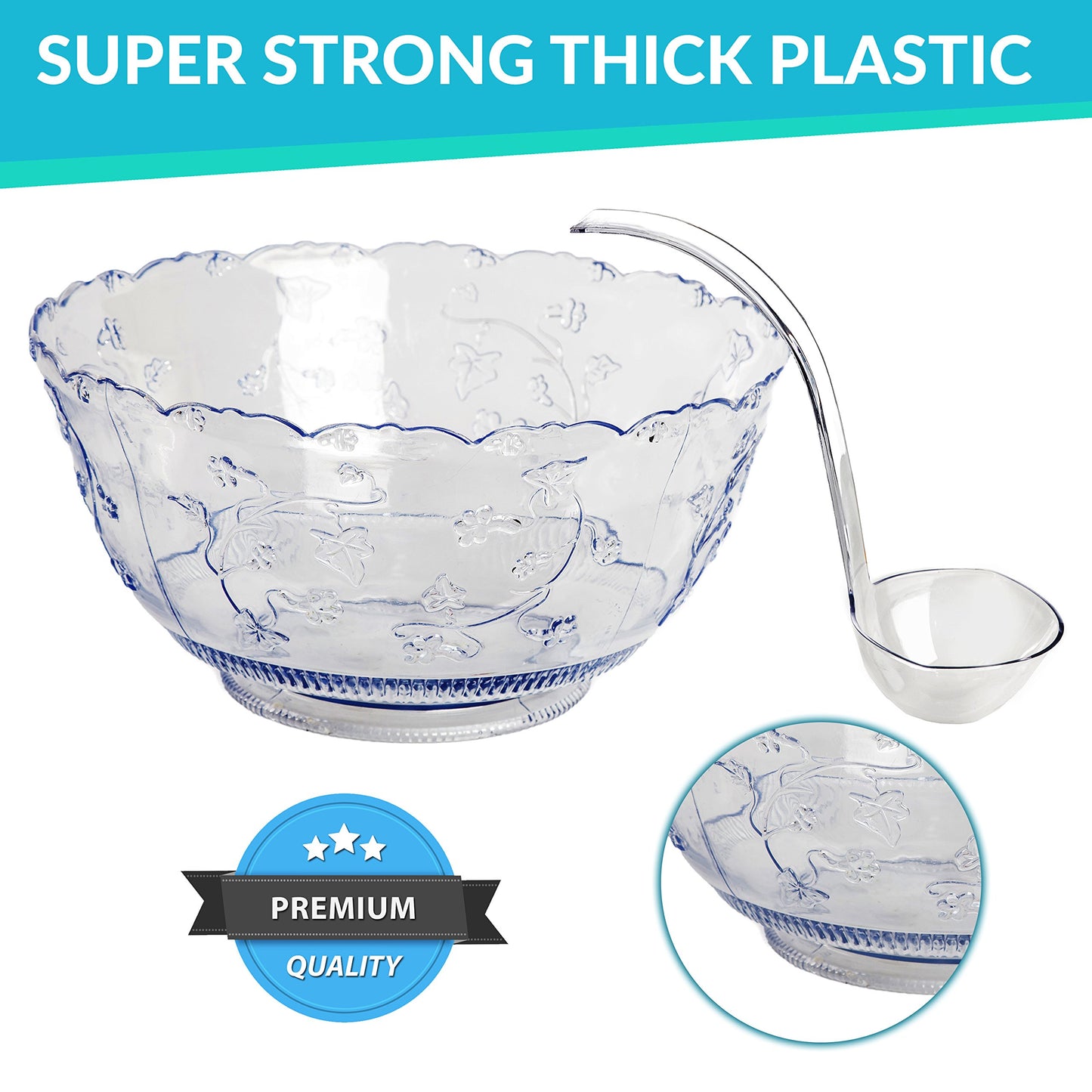 2-Gallon Crystal-Look Plastic Punch Bowl with 5 oz Ladle – Reusable & Dishwasher Safe | Heavy-Duty Serving Bowl for Parties, Weddings & Events
