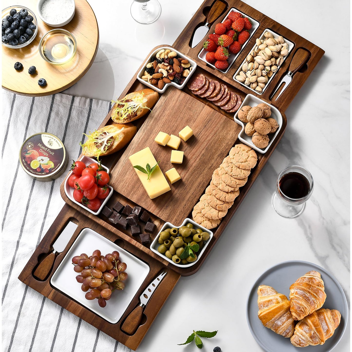 All-Natural Acacia Wood Cheese Board Set with Hidden Drawers, Ceramic Plates, Bowls & Utensils