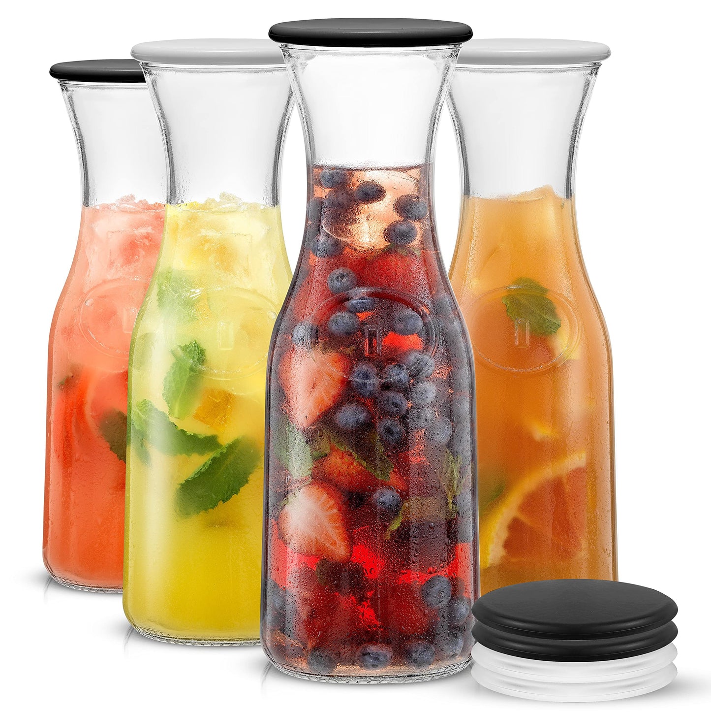 Glass Carafe Set with BPA-Free Lids – 3pc Set with Extra Lids, Fits Large Ice Cubes, Dishwasher Safe
