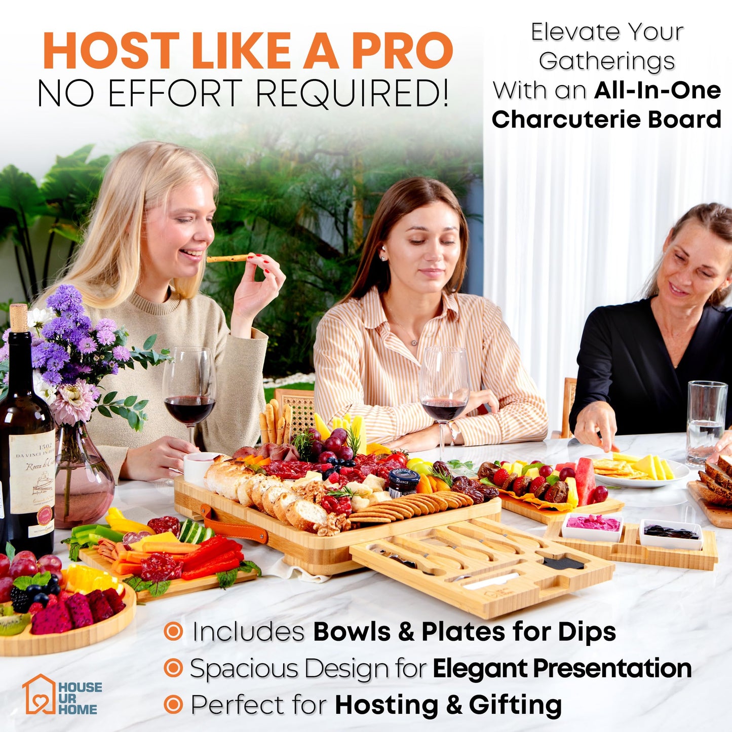 Bamboo Charcuterie Board Set with Cheese Knives, Ceramic Bowls, Plates & Magnetic Drawers – Complete Serving Tray Gift Set for Wine & Cheese Lovers