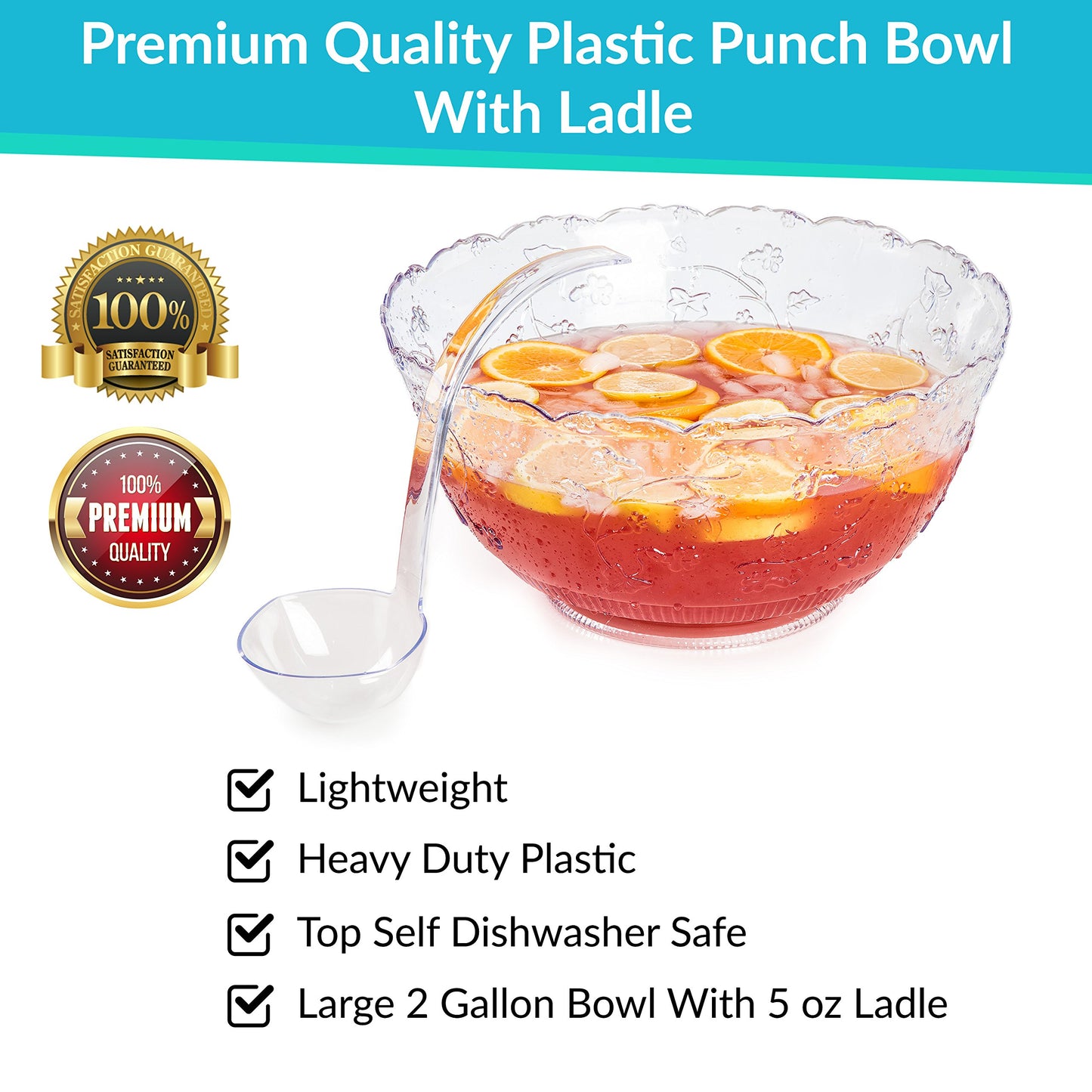 2-Gallon Crystal-Look Plastic Punch Bowl with 5 oz Ladle – Reusable & Dishwasher Safe | Heavy-Duty Serving Bowl for Parties, Weddings & Events
