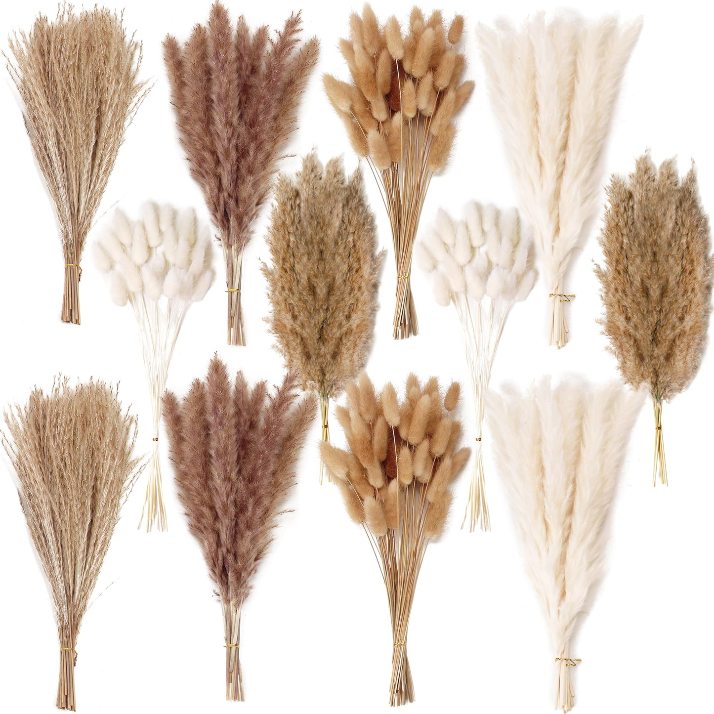 Natural Dried Pampas Grass Bouquet – Mixed Fluffy Pompous Grass for Vase, Boho Decor, Weddings, Gifts & Home Arrangements 100PCS