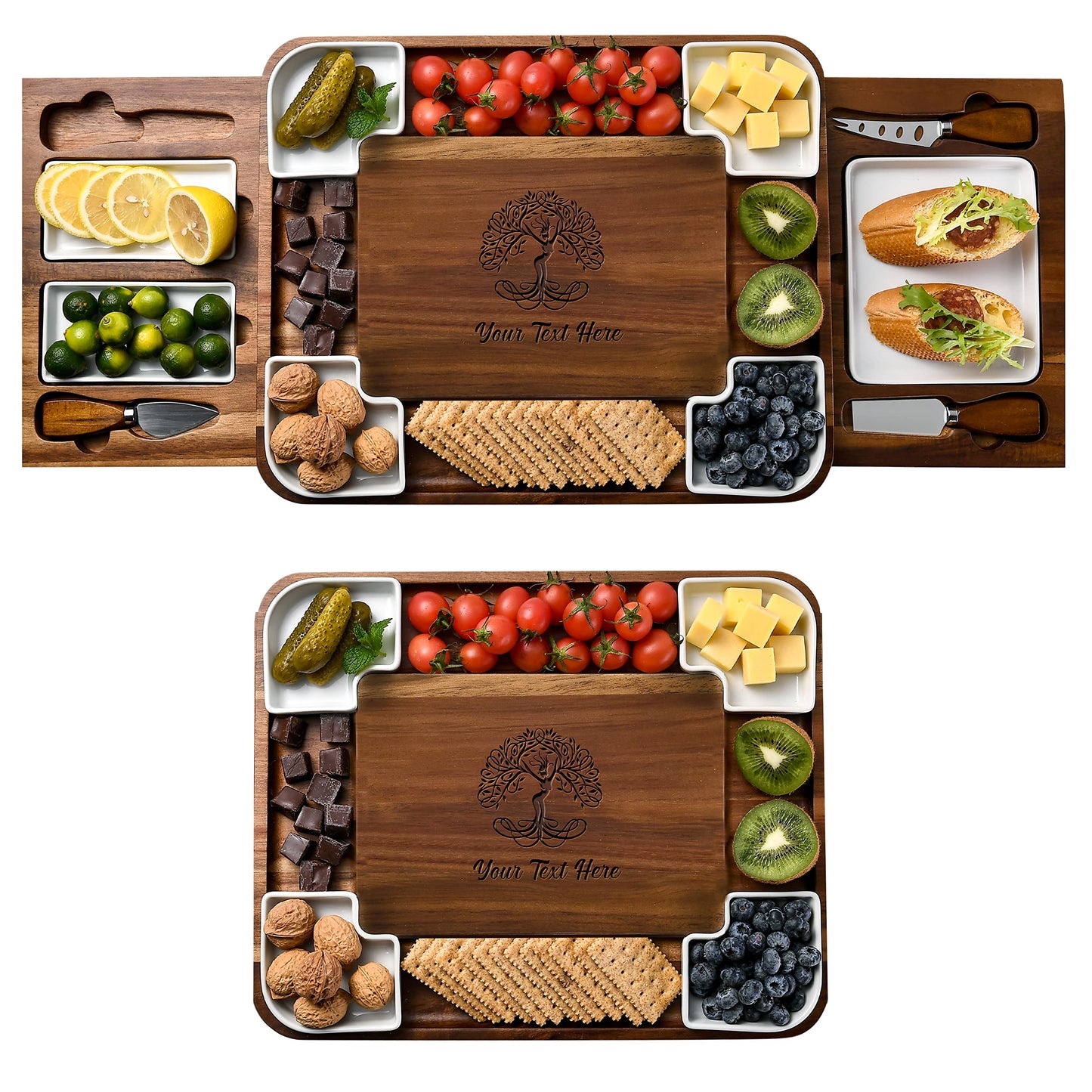 All-Natural Acacia Wood Cheese Board Set with Hidden Drawers, Ceramic Plates, Bowls & Utensils