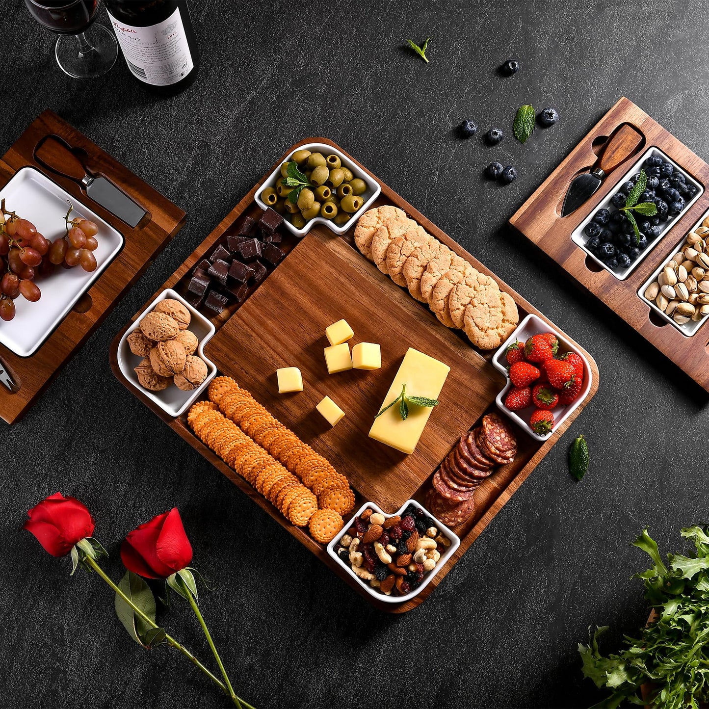 All-Natural Acacia Wood Cheese Board Set with Hidden Drawers, Ceramic Plates, Bowls & Utensils
