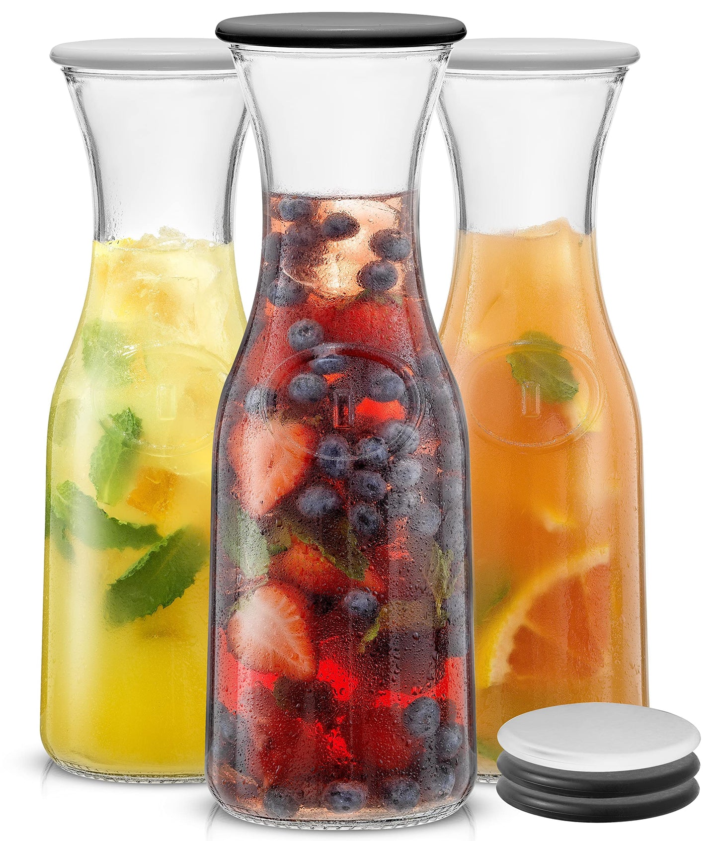 Glass Carafe Set with BPA-Free Lids – 3pc Set with Extra Lids, Fits Large Ice Cubes, Dishwasher Safe