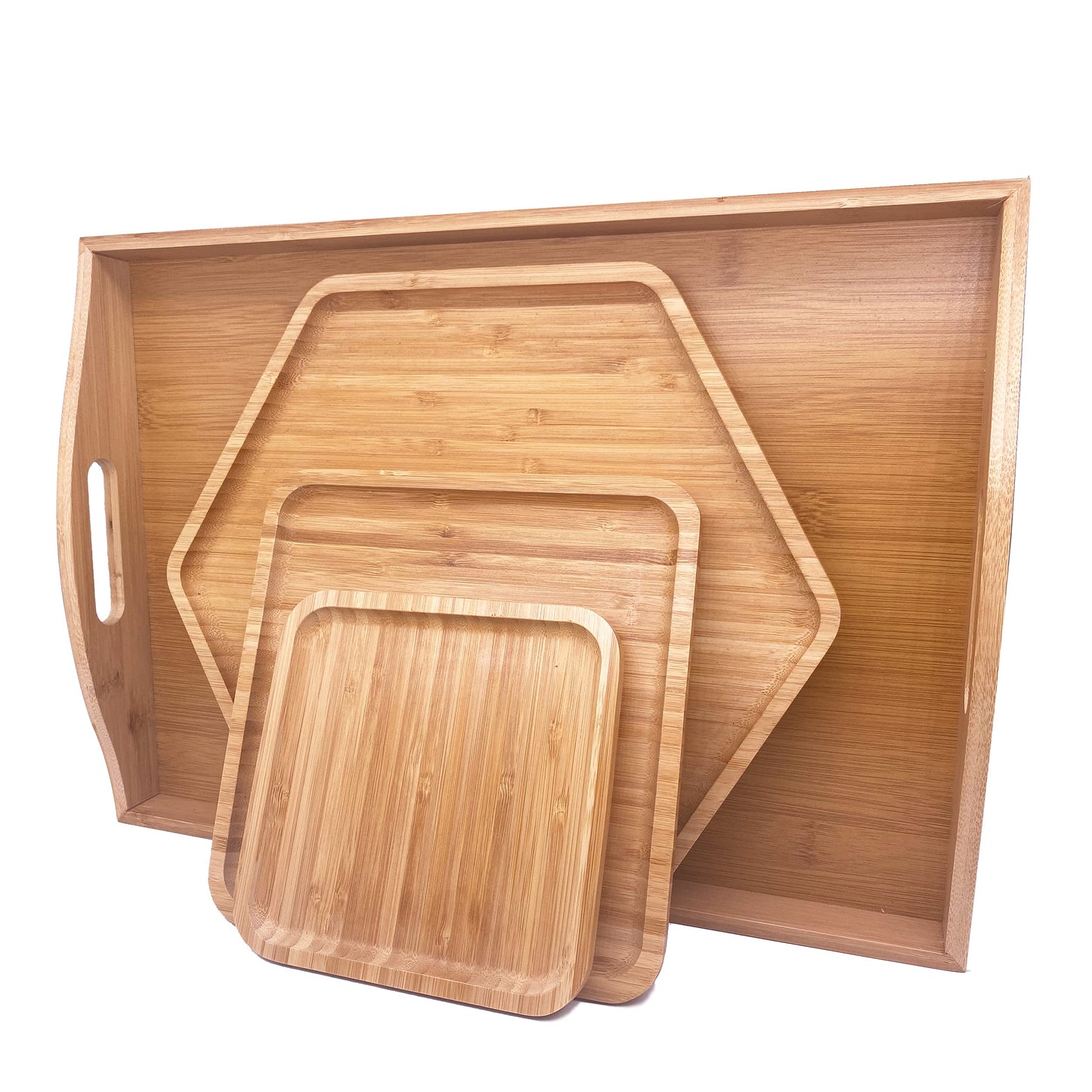 Natural Bamboo Serving Plate Set – Large Rectangle with Handle + Hexagon & Square Plates