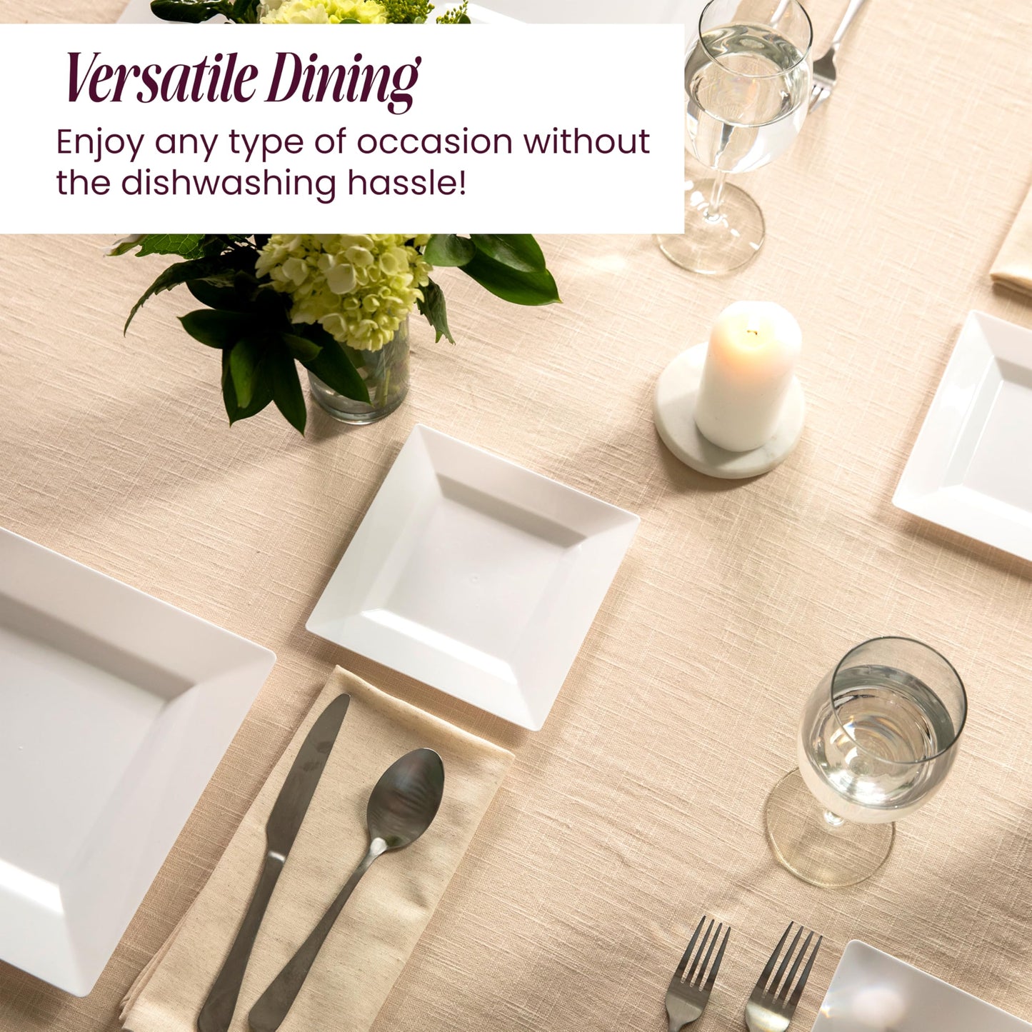 Elegant White Square Plastic Plates Set – 100-Piece Heavy Duty Disposable Dinnerware for 50 Guests (9.5” Dinner + 6.5” Appetizer Plates)