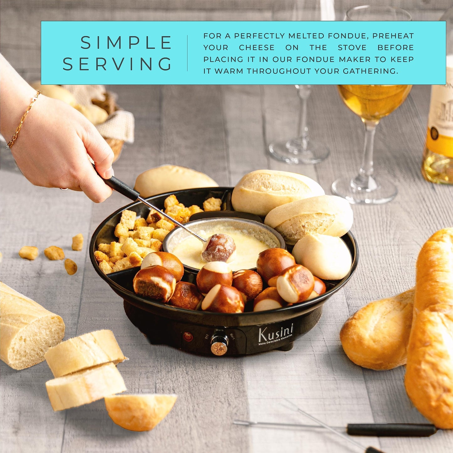 Deluxe Electric Fondue Pot Set – 10oz Melting Bowl with Warming Base, 3-Section Serving Tray & 4 Skewers – Chocolate & Cheese Melting Pot for Parties, Holidays & Gifts Serve at Movie Night or Game Night.