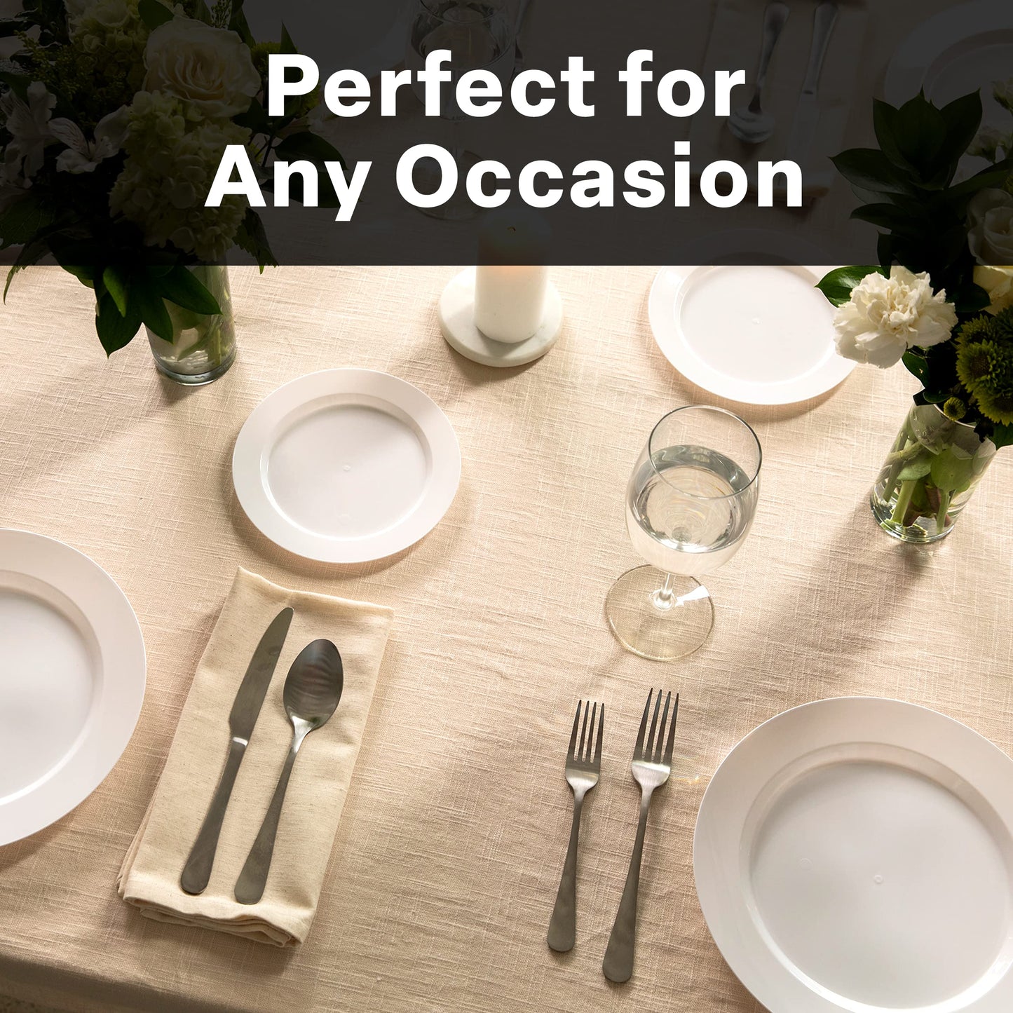 Elegant White Square Plastic Plates Set – 100-Piece Heavy Duty Disposable Dinnerware for 50 Guests (9.5” Dinner + 6.5” Appetizer Plates)