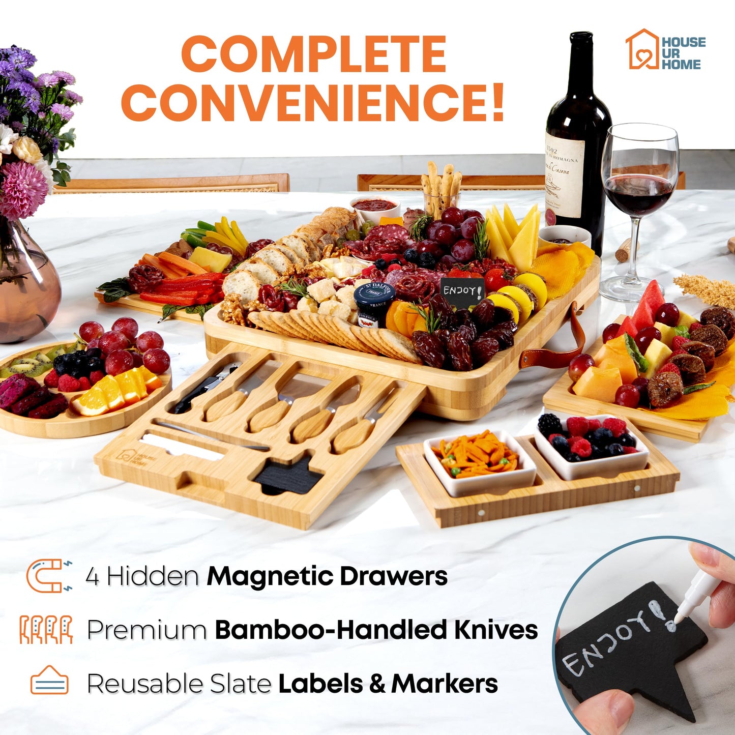 Bamboo Charcuterie Board Set with Cheese Knives, Ceramic Bowls, Plates & Magnetic Drawers – Complete Serving Tray Gift Set for Wine & Cheese Lovers