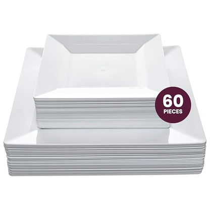 Elegant White Square Plastic Plates Set – 100-Piece Heavy Duty Disposable Dinnerware for 50 Guests (9.5” Dinner + 6.5” Appetizer Plates)