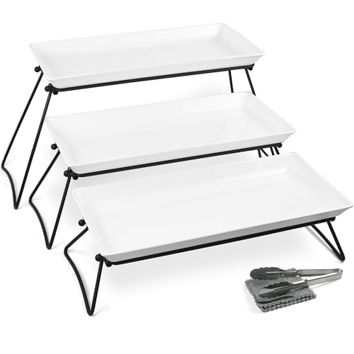 Serving Tray Stand – Collapsible Display with White Melamine Platters for Parties, Holidays & Events | BPA-Free