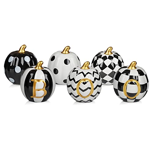 Ceramic Halloween Pumpkins – 6-Piece Black & White Decorative Set with Gold Stems