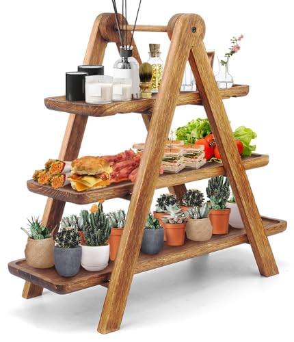 3-Tier Platane Wood Serving Tray with Collapsible Ladder Stand – Hand-Carved Rustic Dessert & Charcuterie Board Set