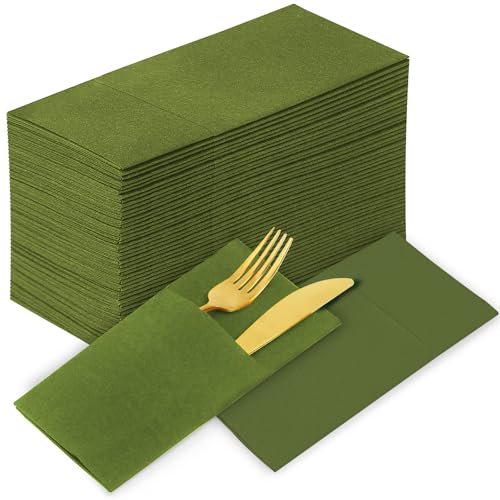 Solid Color Pocket Napkins – 50-Pack Linen-Like Paper Napkins with Silverware Pocket | Soft, Absorbent & Elegant for Dining, Weddings, and Events - Matcha Green