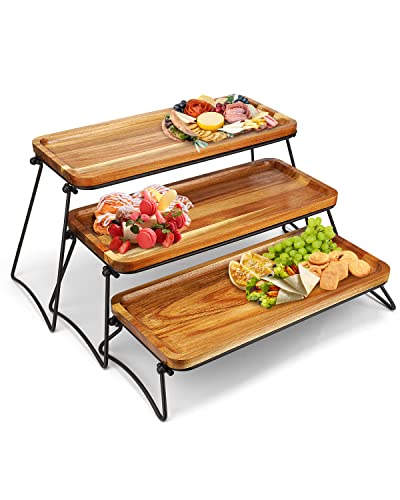 Acacia Wood Serving Tray – Handcrafted Charcuterie & Dessert Stand with Collapsible Rack | Rustic Wood Display for Parties, Events
