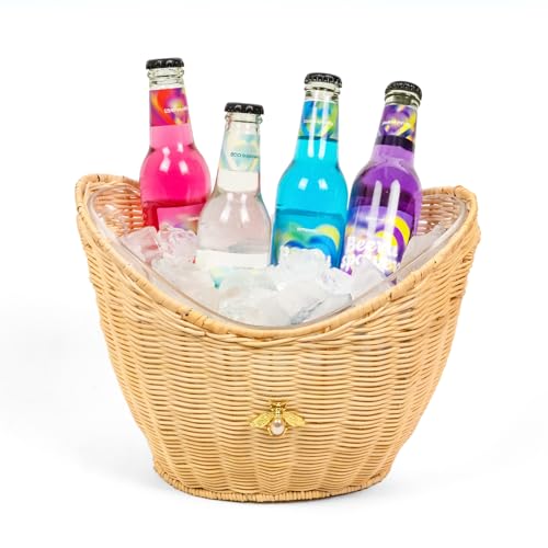 Handcrafted Rattan Ice Bucket with Acrylic Insert – 4L Leak-Proof Double Layer Design with Diatomaceous Earth Pad (Rattan)