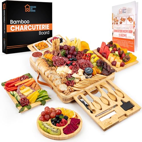 Bamboo Charcuterie Board Set with Cheese Knives, Ceramic Bowls, Plates & Magnetic Drawers – Complete Serving Tray Gift Set for Wine & Cheese Lovers