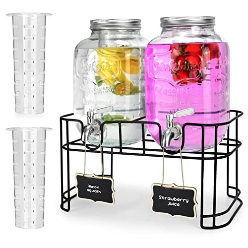 2-Gallon Glass Drink Dispenser Set with Stainless Steel Spigots & Chalkboard Tags – Dual Beverage Dispensers with Metal Stand