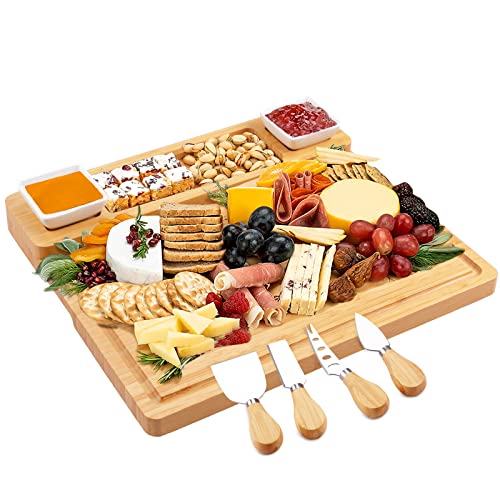 Bamboo Charcuterie Board Set – Cheese Board with Ceramic Bowls, Magnetic Knife Drawer, Crackers Groove