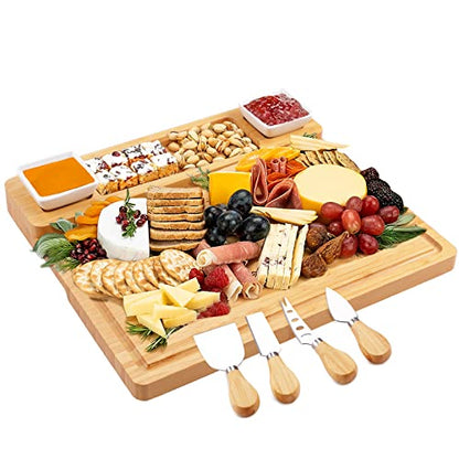 Bamboo Charcuterie Board Set – Cheese Board with Ceramic Bowls, Magnetic Knife Drawer, Crackers Groove