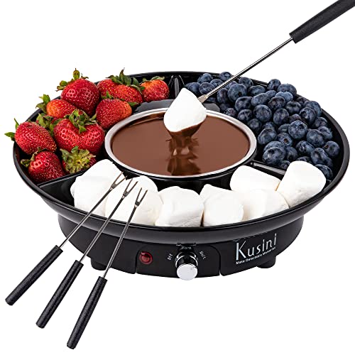Deluxe Electric Fondue Pot Set – 10oz Melting Bowl with Warming Base, 3-Section Serving Tray & 4 Skewers – Chocolate & Cheese Melting Pot for Parties, Holidays & Gifts Serve at Movie Night or Game Night.