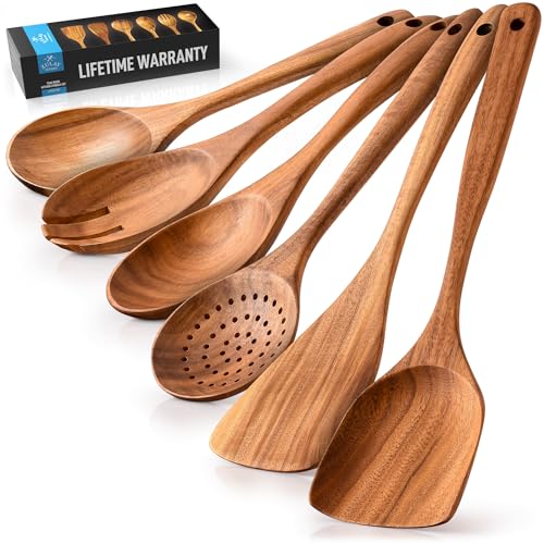 Teak Wood Cooking Utensil Set – 6-Piece Wooden Kitchen Tools | Non-Scratch, Heat-Resistant, Durable Cookware Set