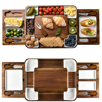 All-Natural Acacia Wood Cheese Board Set with Hidden Drawers, Ceramic Plates, Bowls & Utensils