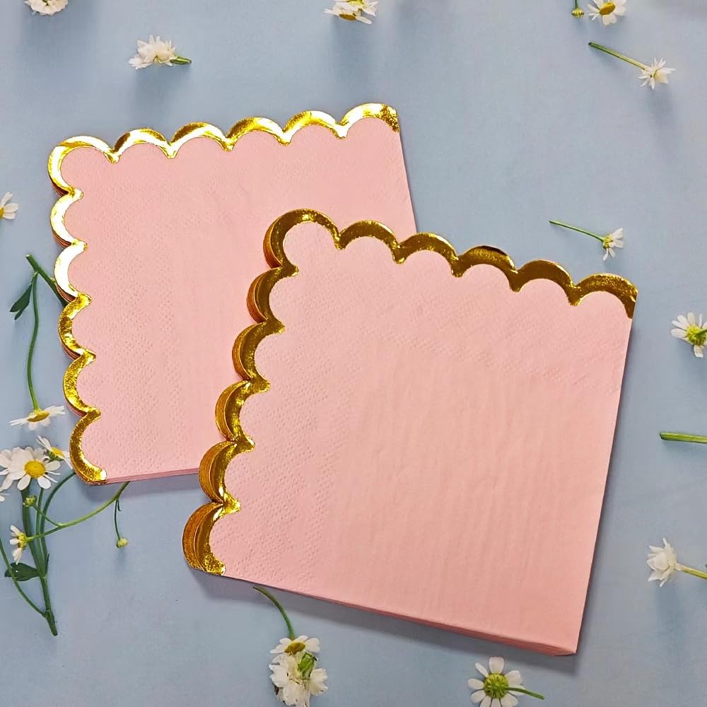 Cocktail Napkins – Scalloped Gold Foil Edge | Soft, Absorbent, Decorative Party Napkins for Weddings, Baby Showers & Events - 100 pack