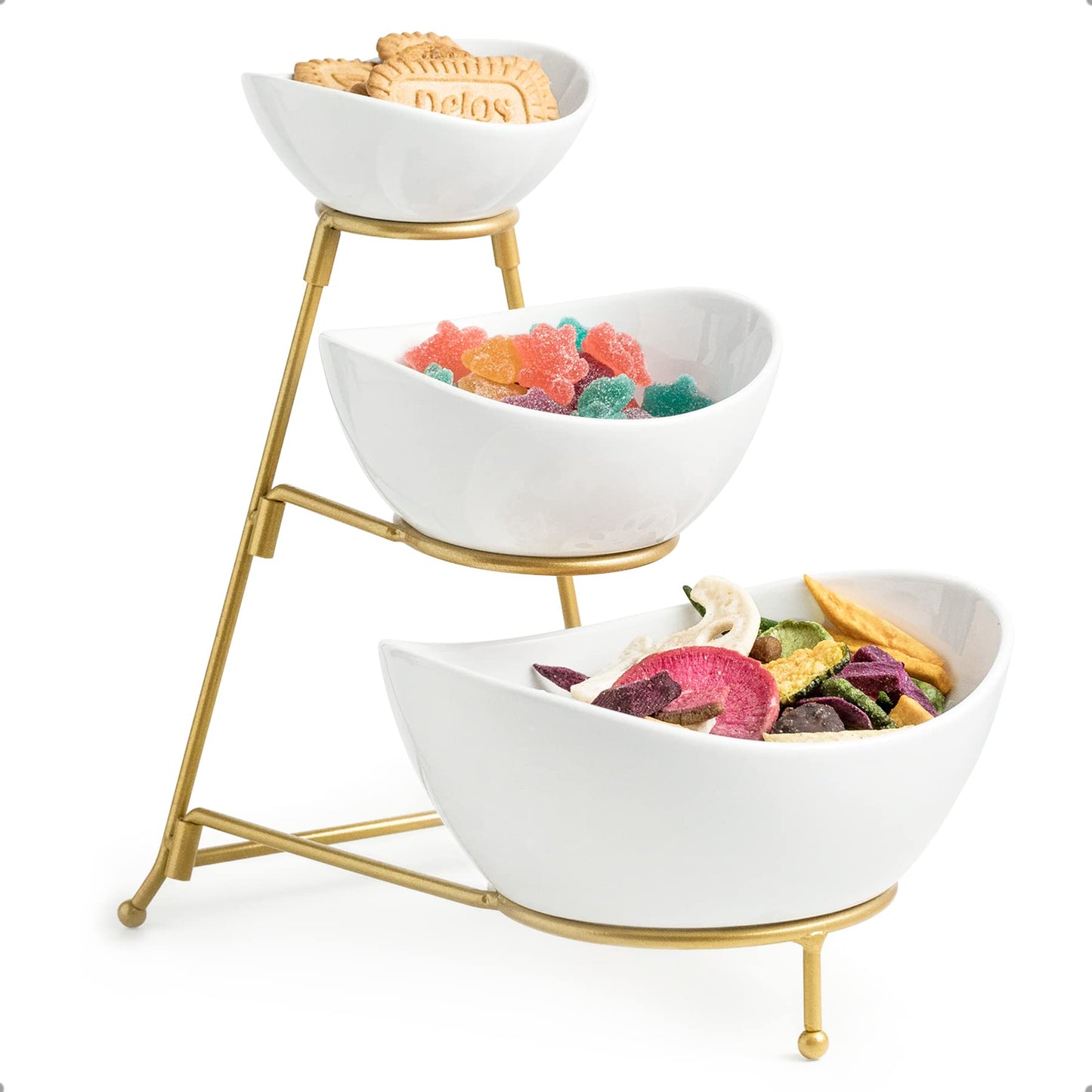 2-Tier Ceramic Chip and Dip Serving Set with Metal Stand – Divided White Glazed Bowls for Sauces, Snacks, and Appetizers