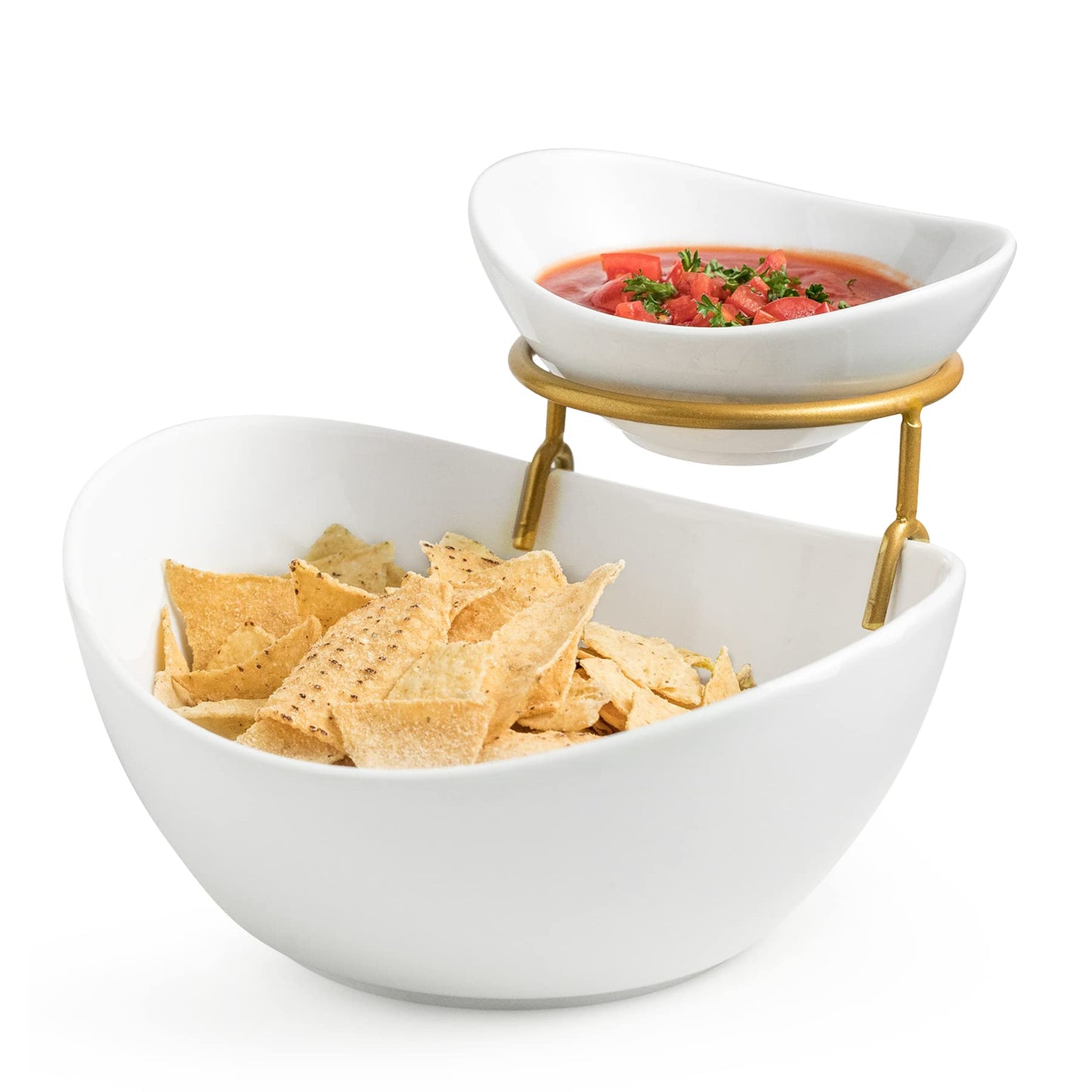2-Tier Ceramic Chip and Dip Serving Set with Metal Stand – Divided White Glazed Bowls for Sauces, Snacks, and Appetizers