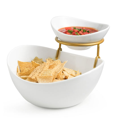 2-Tier Ceramic Chip and Dip Serving Set with Metal Stand – Divided White Glazed Bowls for Sauces, Snacks, and Appetizers