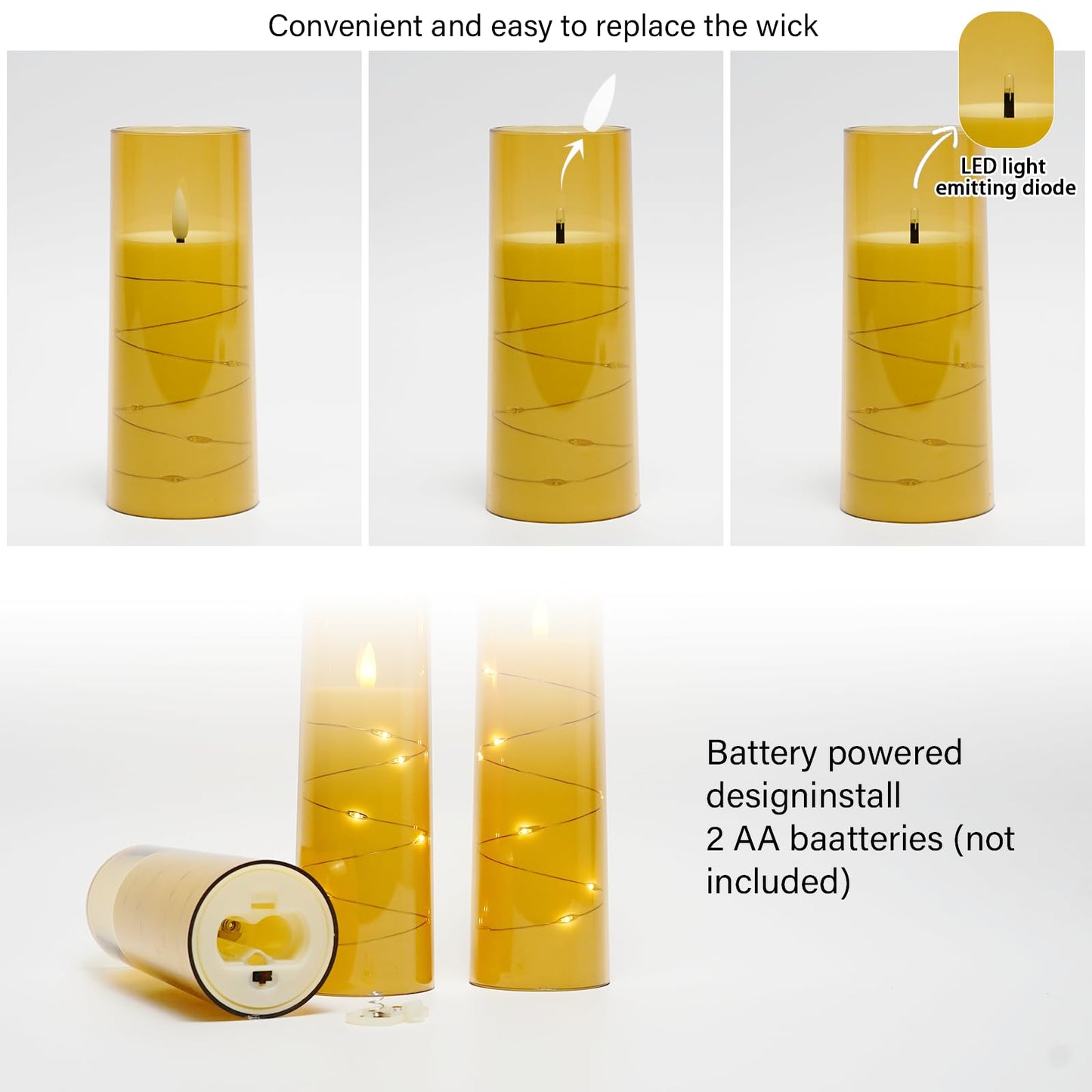 Flameless Mood Lighting Candle Set with Embedded String Lights