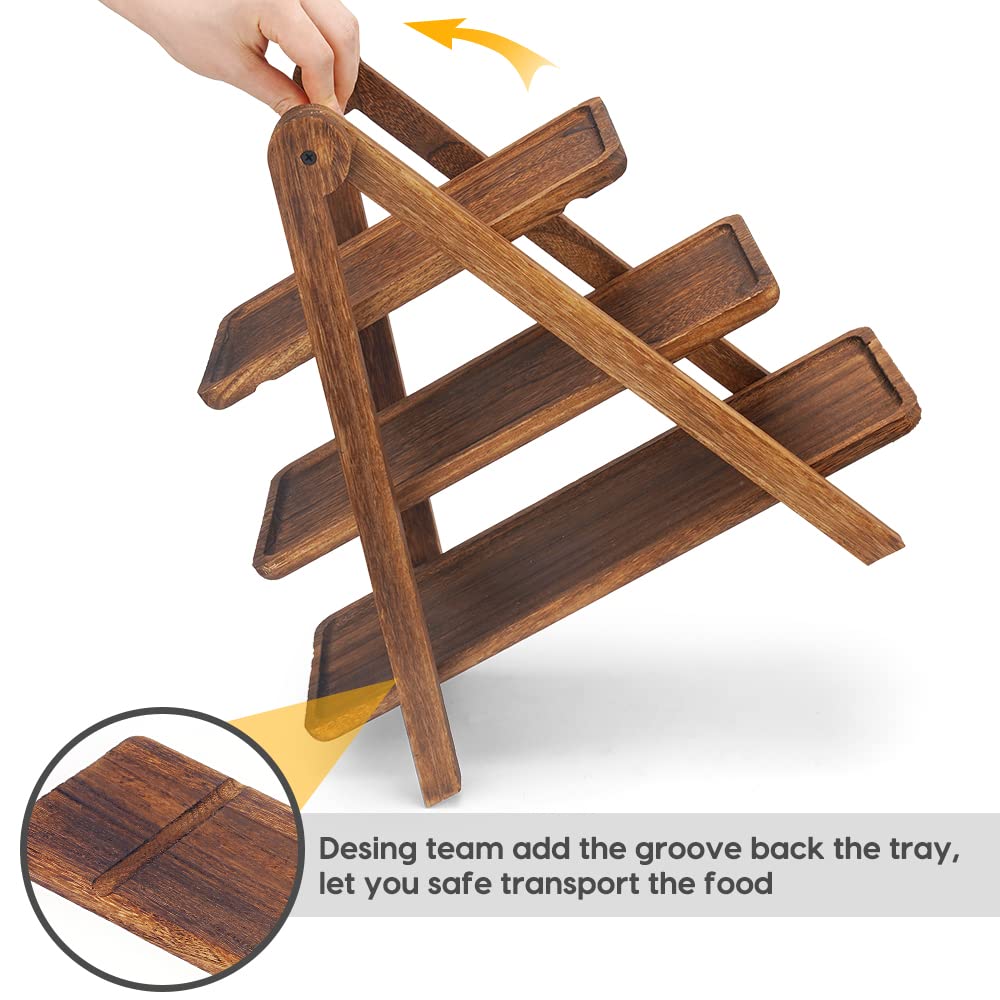 3-Tier Platane Wood Serving Tray with Collapsible Ladder Stand – Hand-Carved Rustic Dessert & Charcuterie Board Set