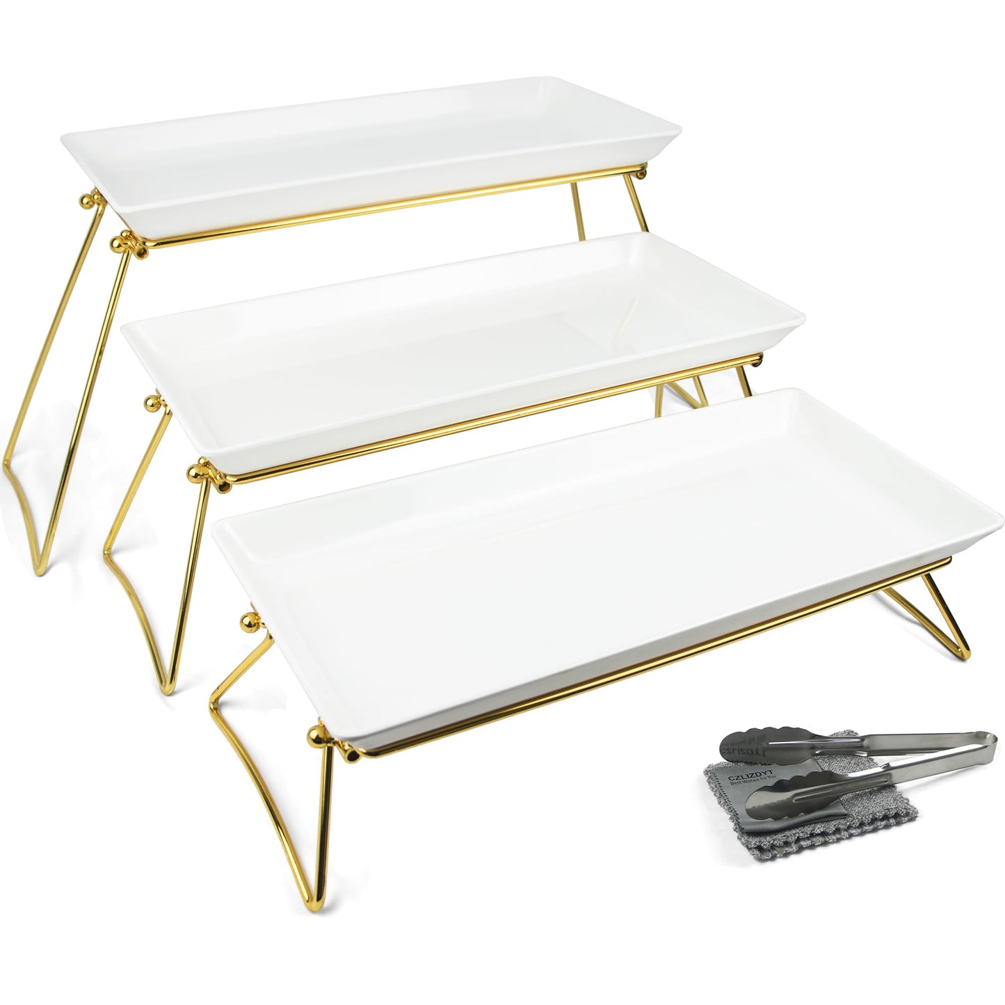 Serving Tray Stand – Collapsible Display with White Melamine Platters for Parties, Holidays & Events | BPA-Free
