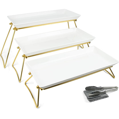 Serving Tray Stand – Collapsible Display with White Melamine Platters for Parties, Holidays & Events | BPA-Free