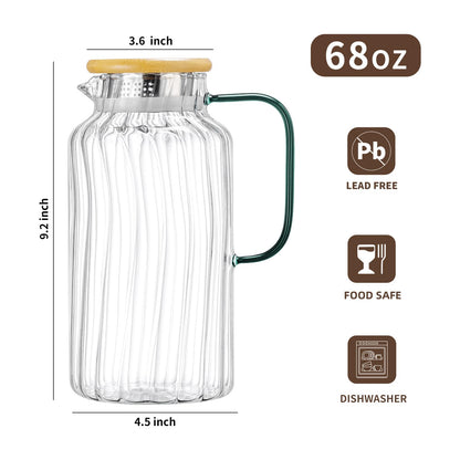 Glass Water Pitcher – 68oz Borosilicate Carafe with Stainless Steel Lid - Heat-Resistant