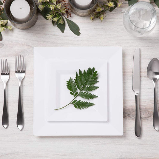 Elegant White Square Plastic Plates Set – 100-Piece Heavy Duty Disposable Dinnerware for 50 Guests (9.5” Dinner + 6.5” Appetizer Plates)