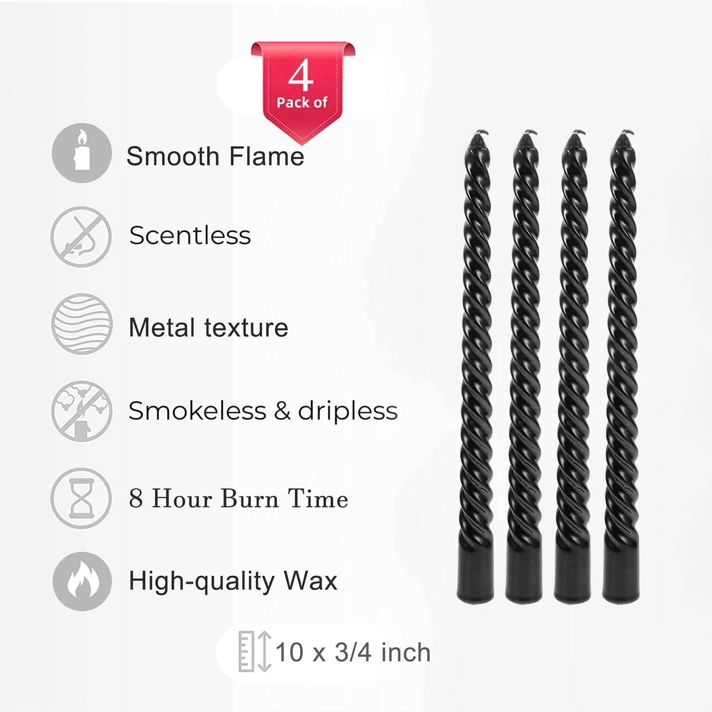 Handmade Spiral Taper Candles – 10" Unscented, Dripless (Set of 4)