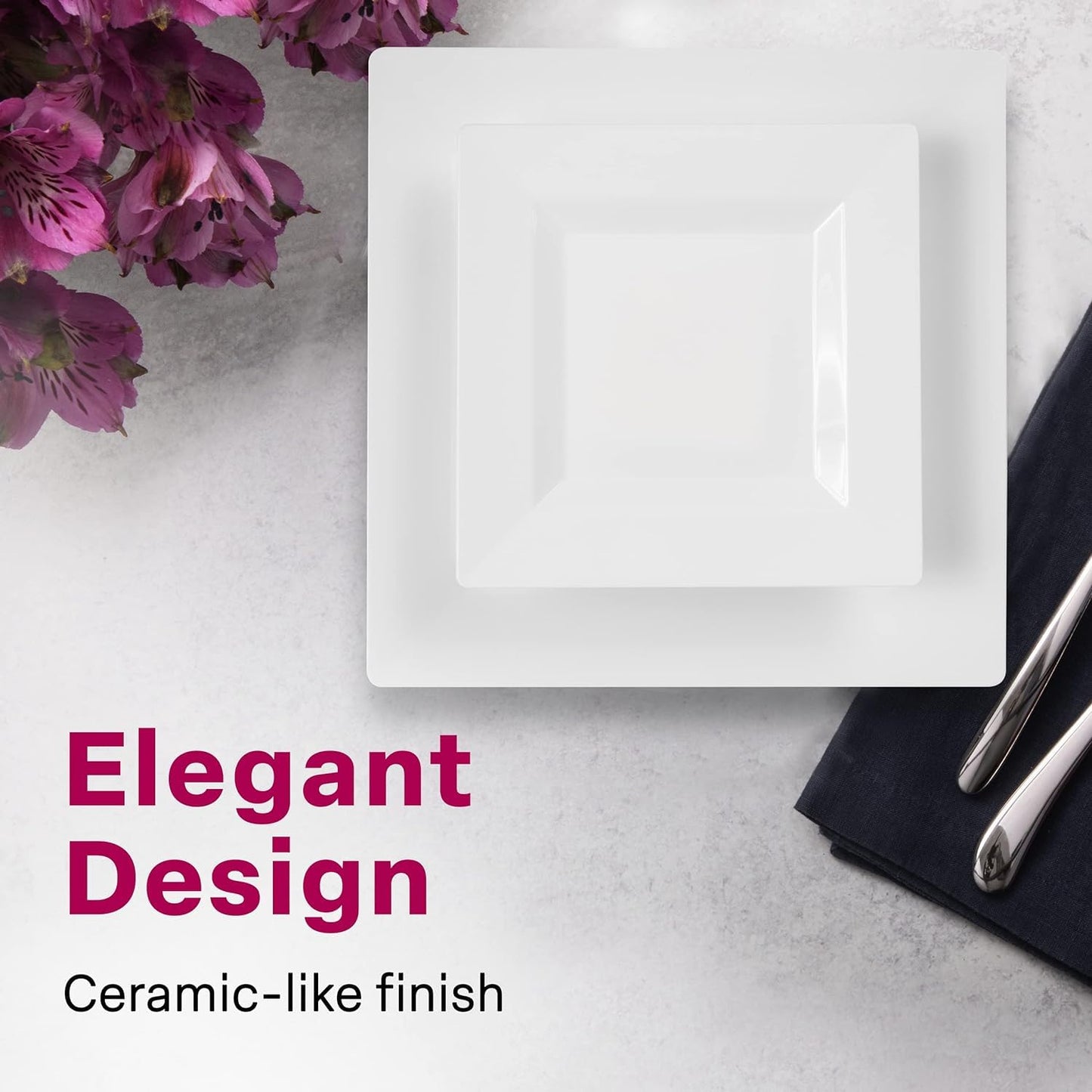 Elegant White Square Plastic Plates Set – 100-Piece Heavy Duty Disposable Dinnerware for 50 Guests (9.5” Dinner + 6.5” Appetizer Plates)
