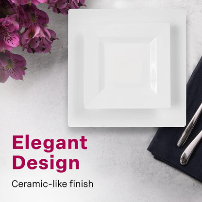 Elegant White Square Plastic Plates Set – 100-Piece Heavy Duty Disposable Dinnerware for 50 Guests (9.5” Dinner + 6.5” Appetizer Plates)