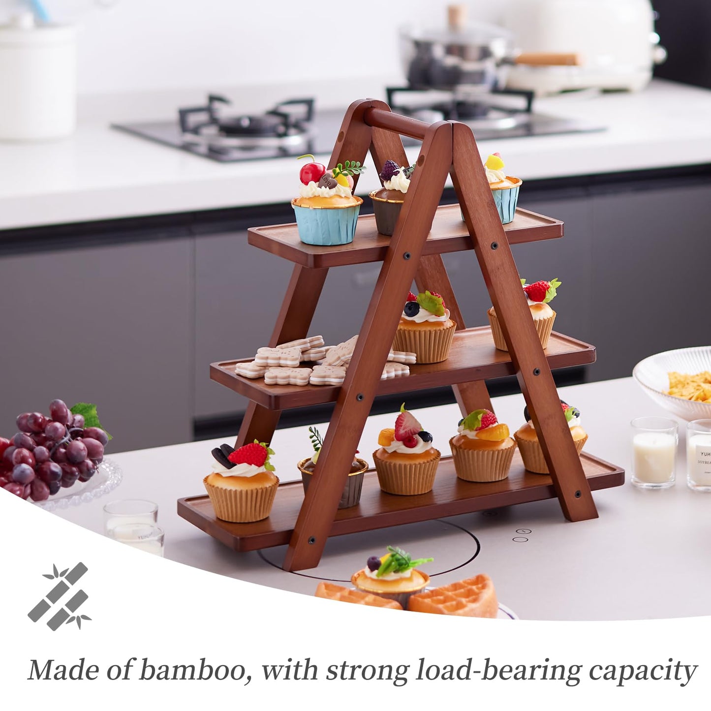 3-Tier Bamboo Cupcake Stand with– Reinforced Dessert Display Tray for Parties, Events, and Home Use